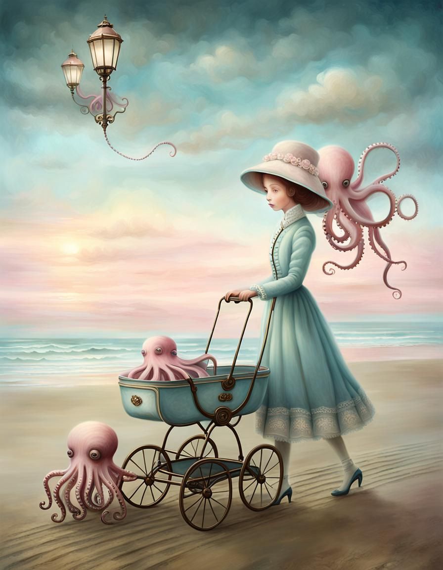 Victorian Woman and Octopus in Impressionist Style