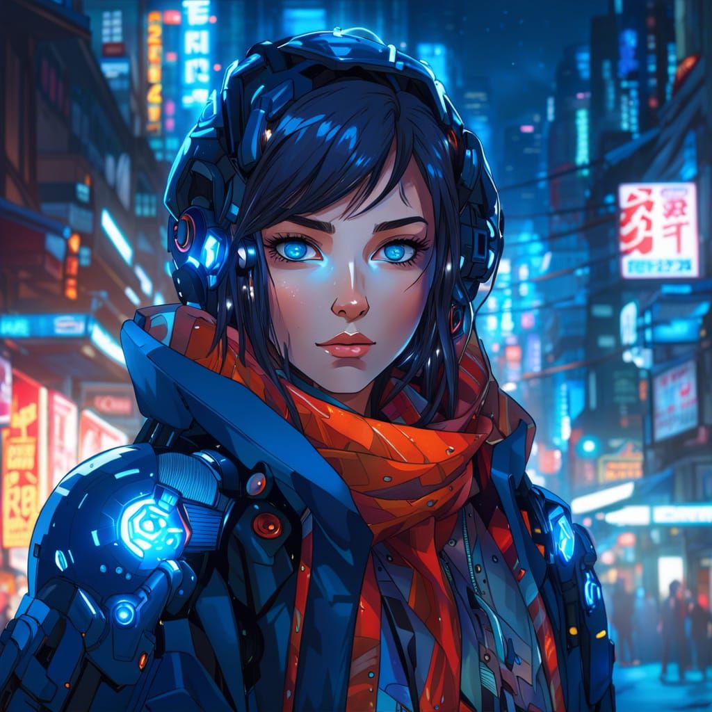 Cyborg Anime Girl in Techwear, Luminescent Cyberpunk Style