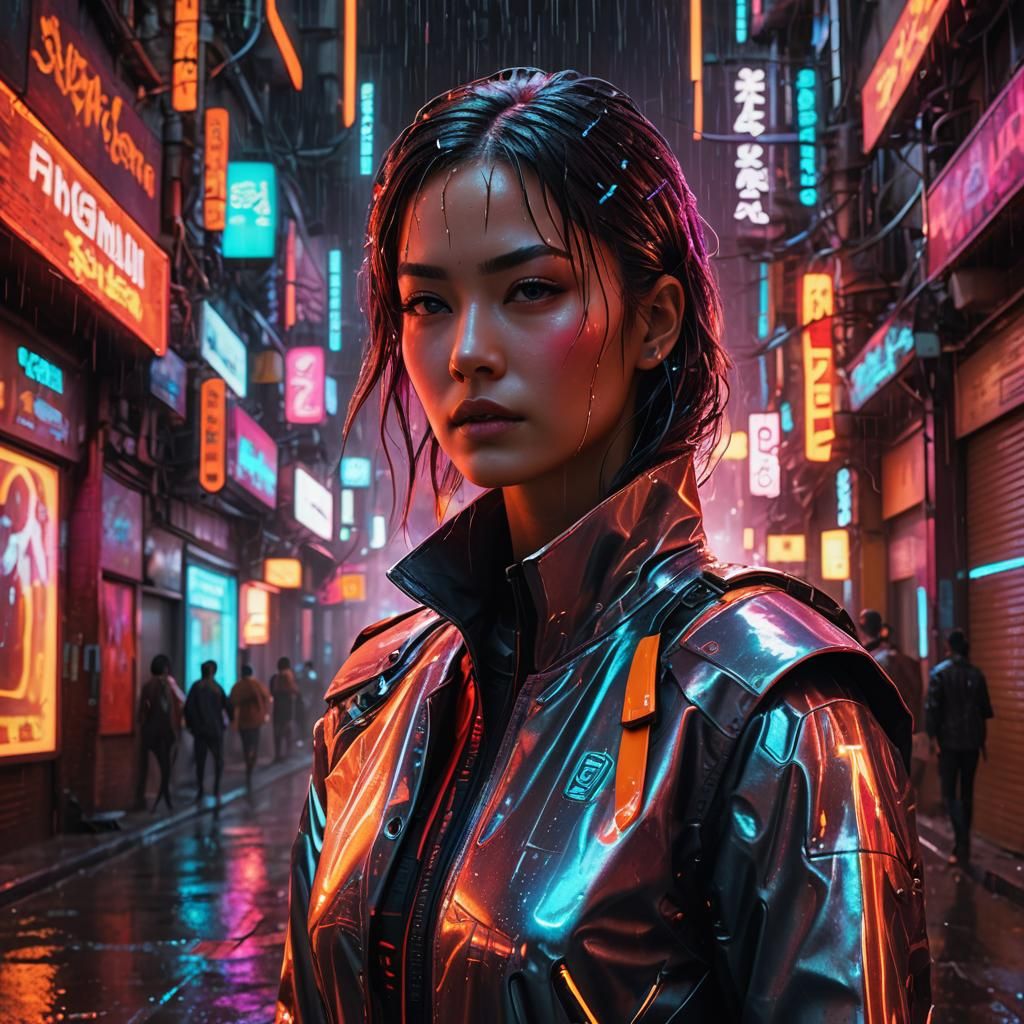 Cyberpunk Lady in Neon Alleyway