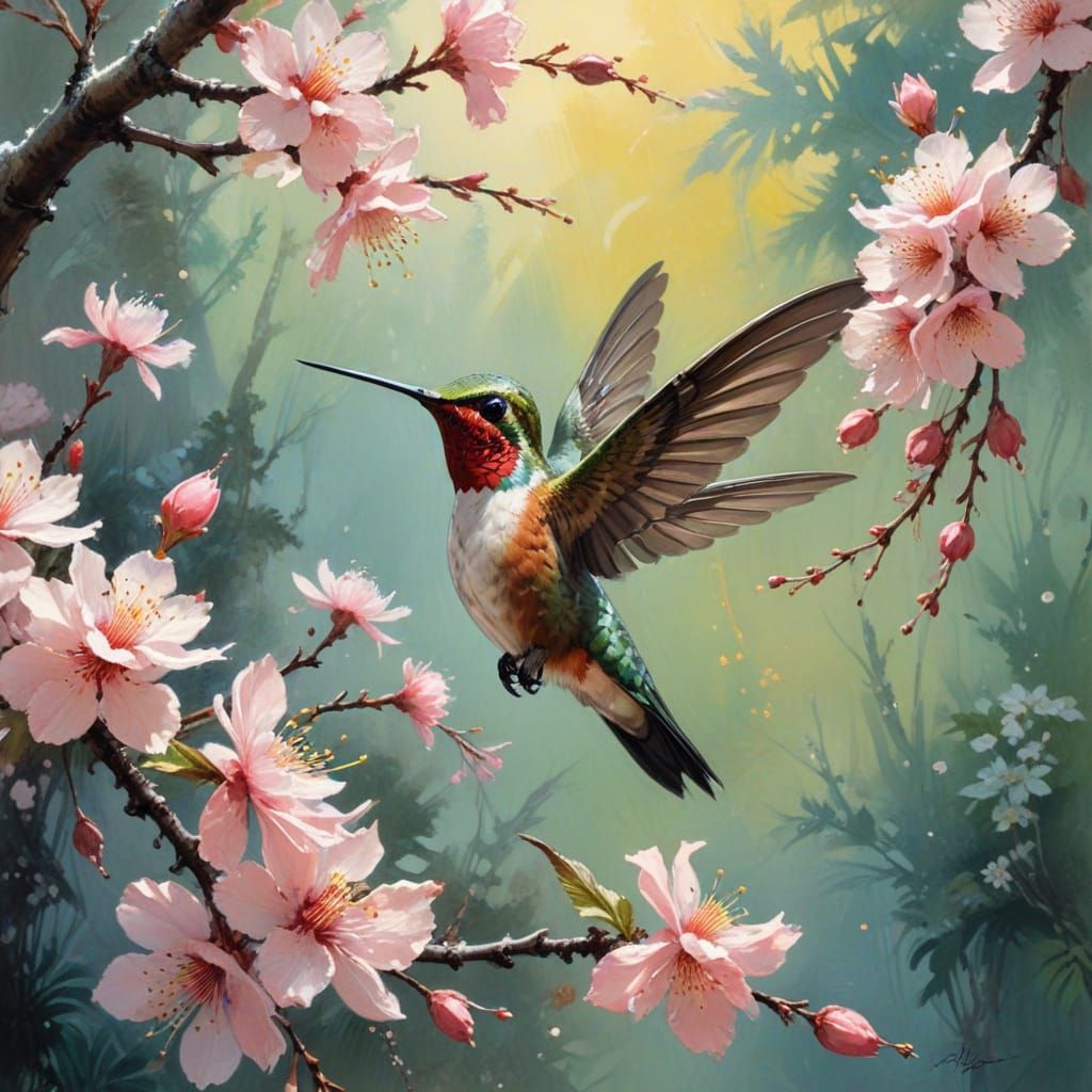 Surreal Cherry Blossom Hummingbird in Dreamy Digital Art