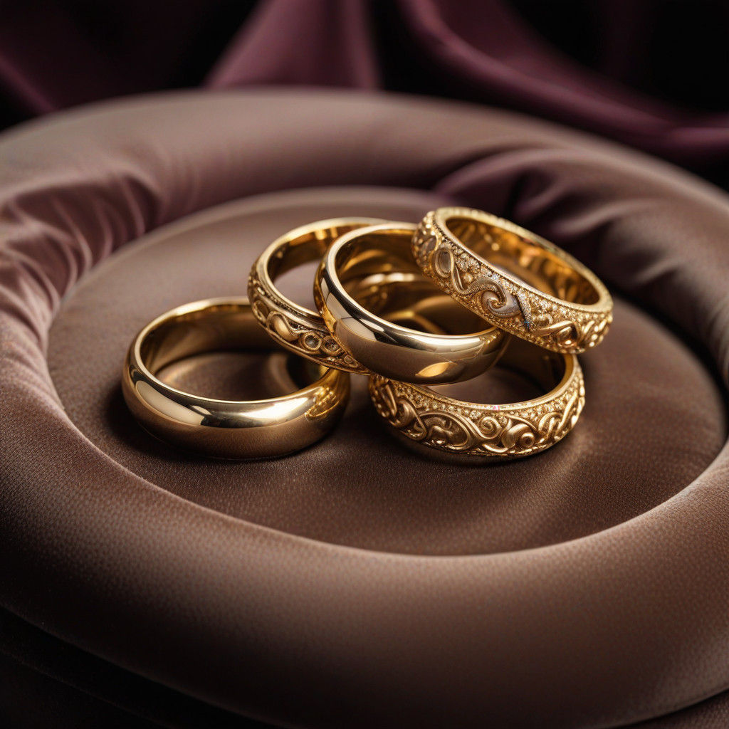 Five Glittering Gold Rings on Velvet Pedestal