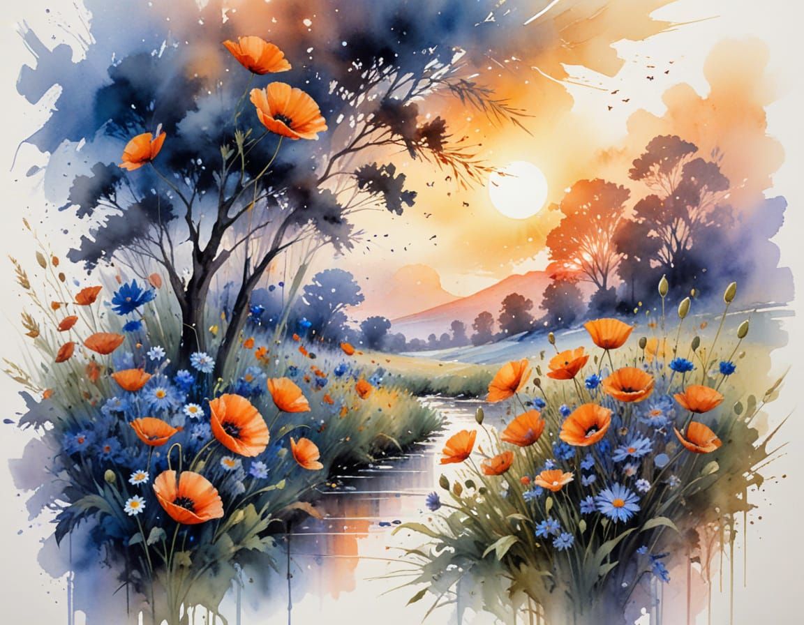 Twilight Meadow in Watercolor Ink Wash