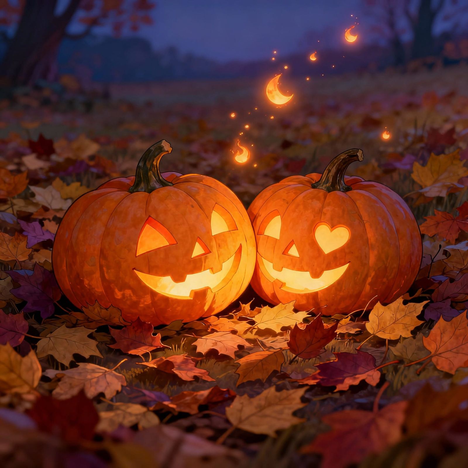 Two Loving Jack-o'-Lanterns Glow in Autumn Dusk
