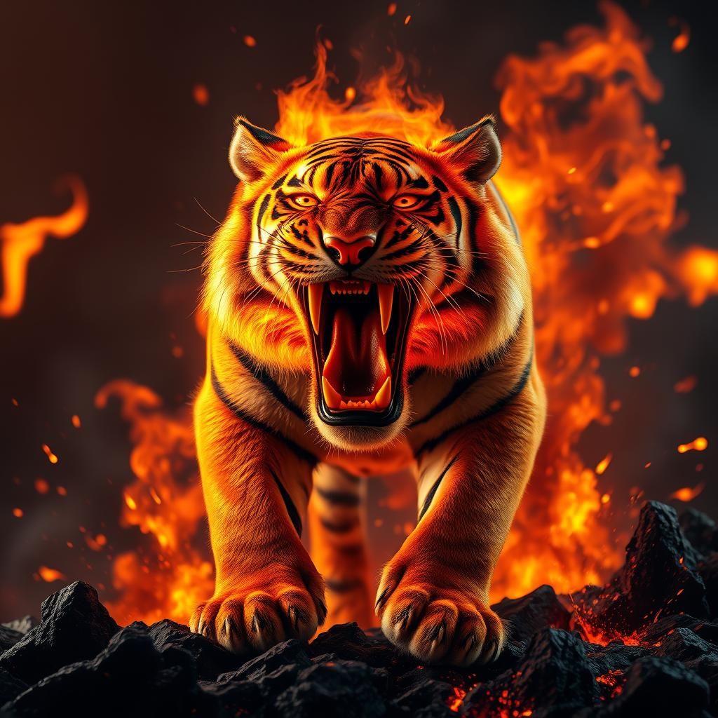Fiery Bengal Tiger Roaring in a Volcanic Landscape