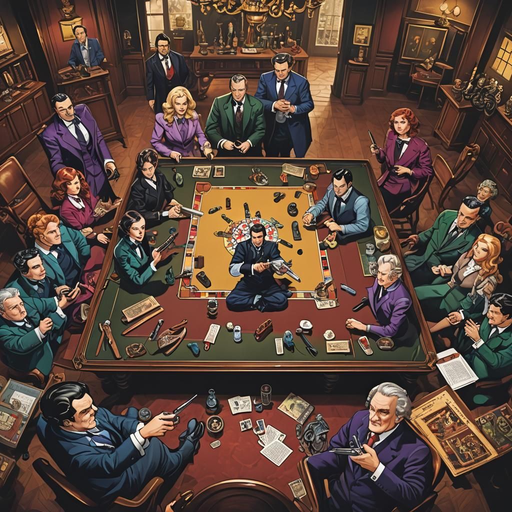 Cluedo characters sitting around a grand table with their weapons in front of them