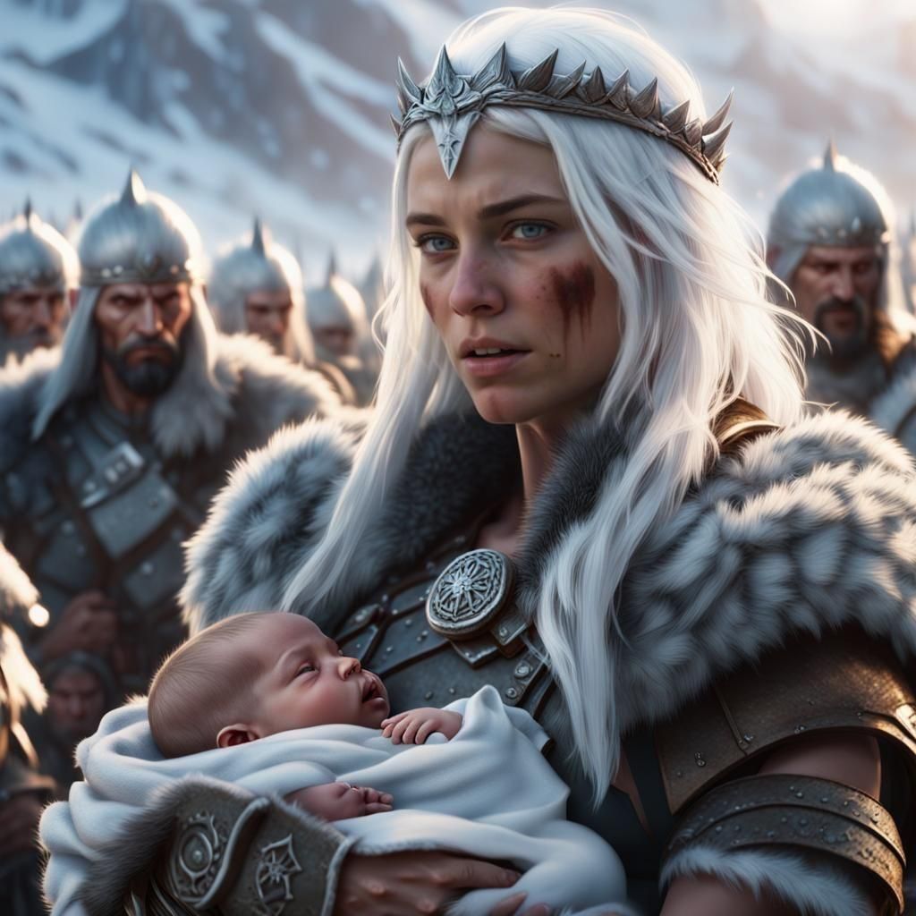 Barbarian Woman with Baby in Snowy Warrior Camp