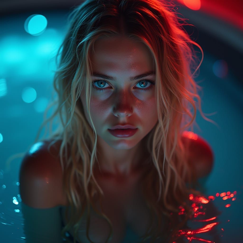 Hyperrealistic Woman with Neon Lighting and Bokeh