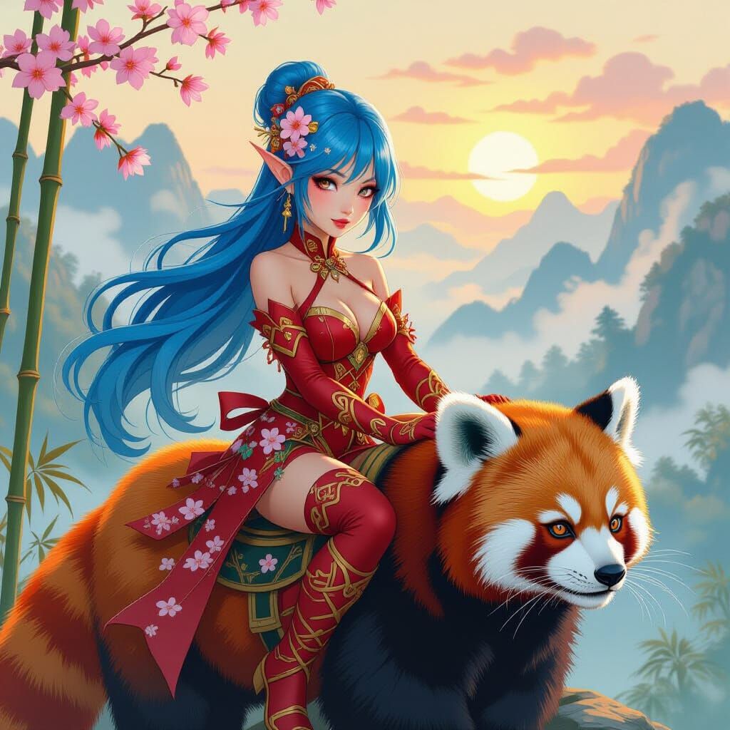 Fairy Rides Red Panda in Dreamy Watercolor Style