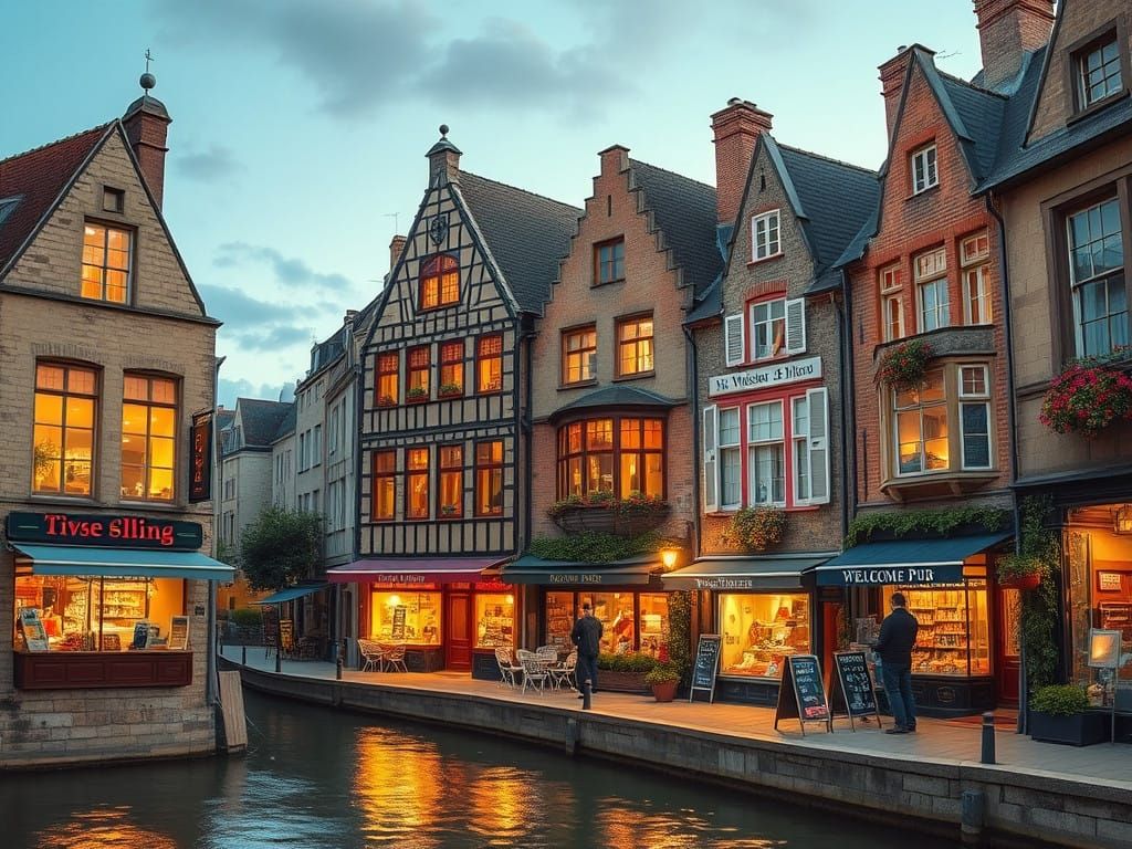 Charming European Village at Serene River Sunset