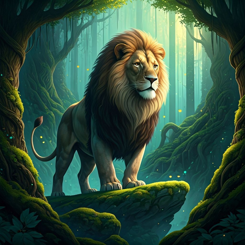 Bioluminescent Forest Lion Guardian in Mystical Realism