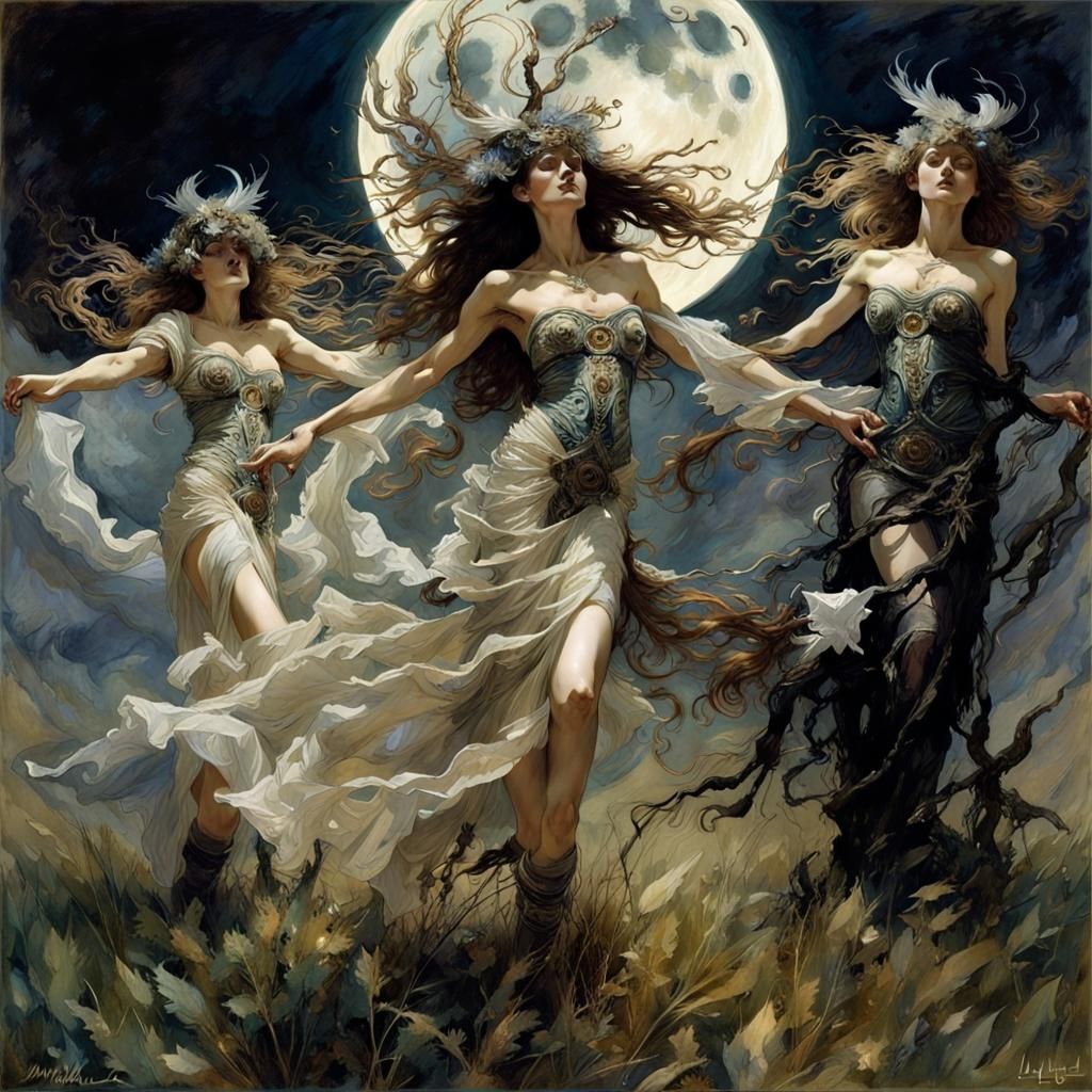 Witches Dancing Under Moon in Art Nouveau Style