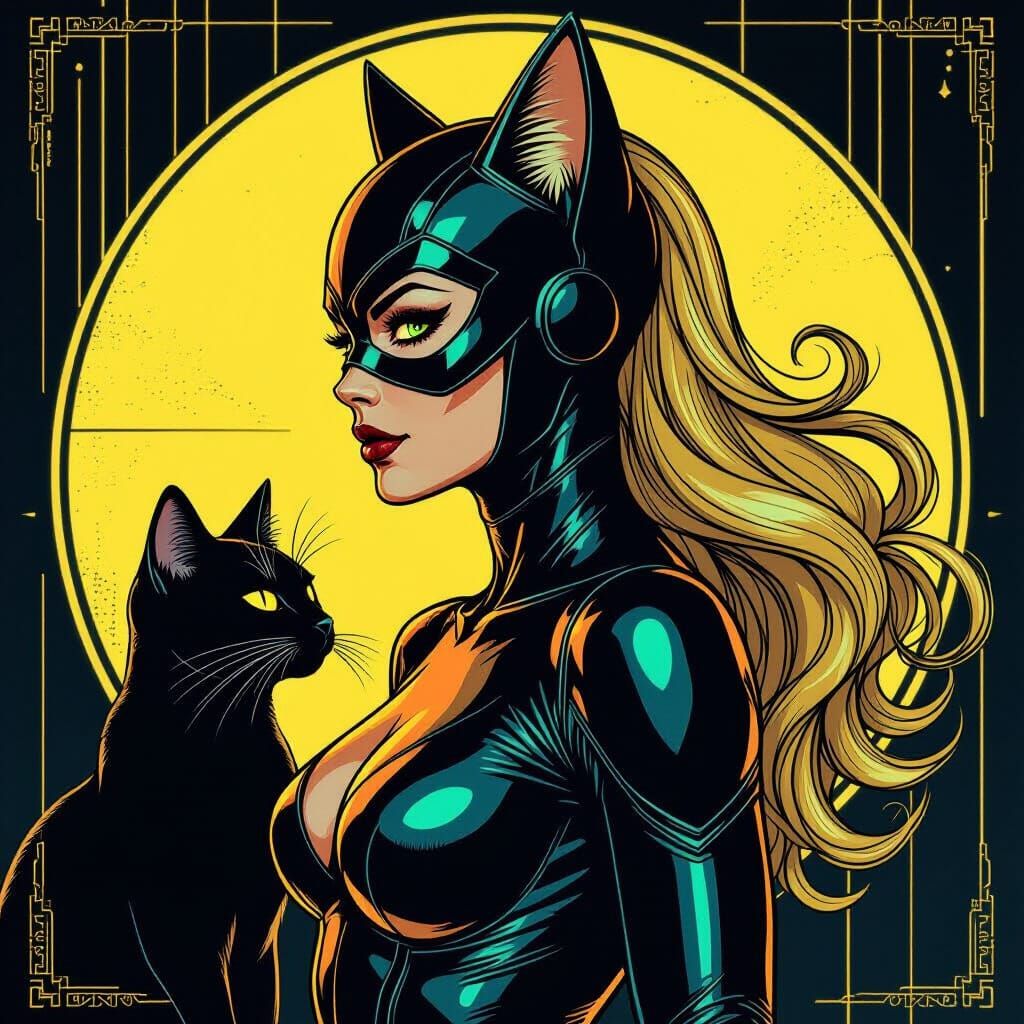 Catwoman Portrait in Neon Metallic Comic Style