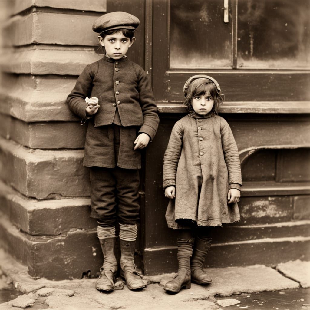 Victorian Street Urchins Begging in Black and White