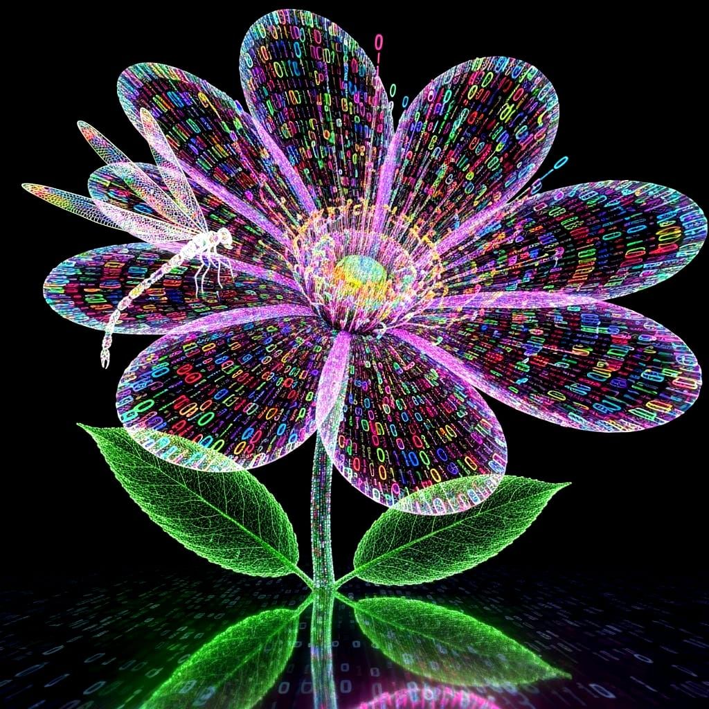 Surreal Digital Flower with Binary Dragonfly