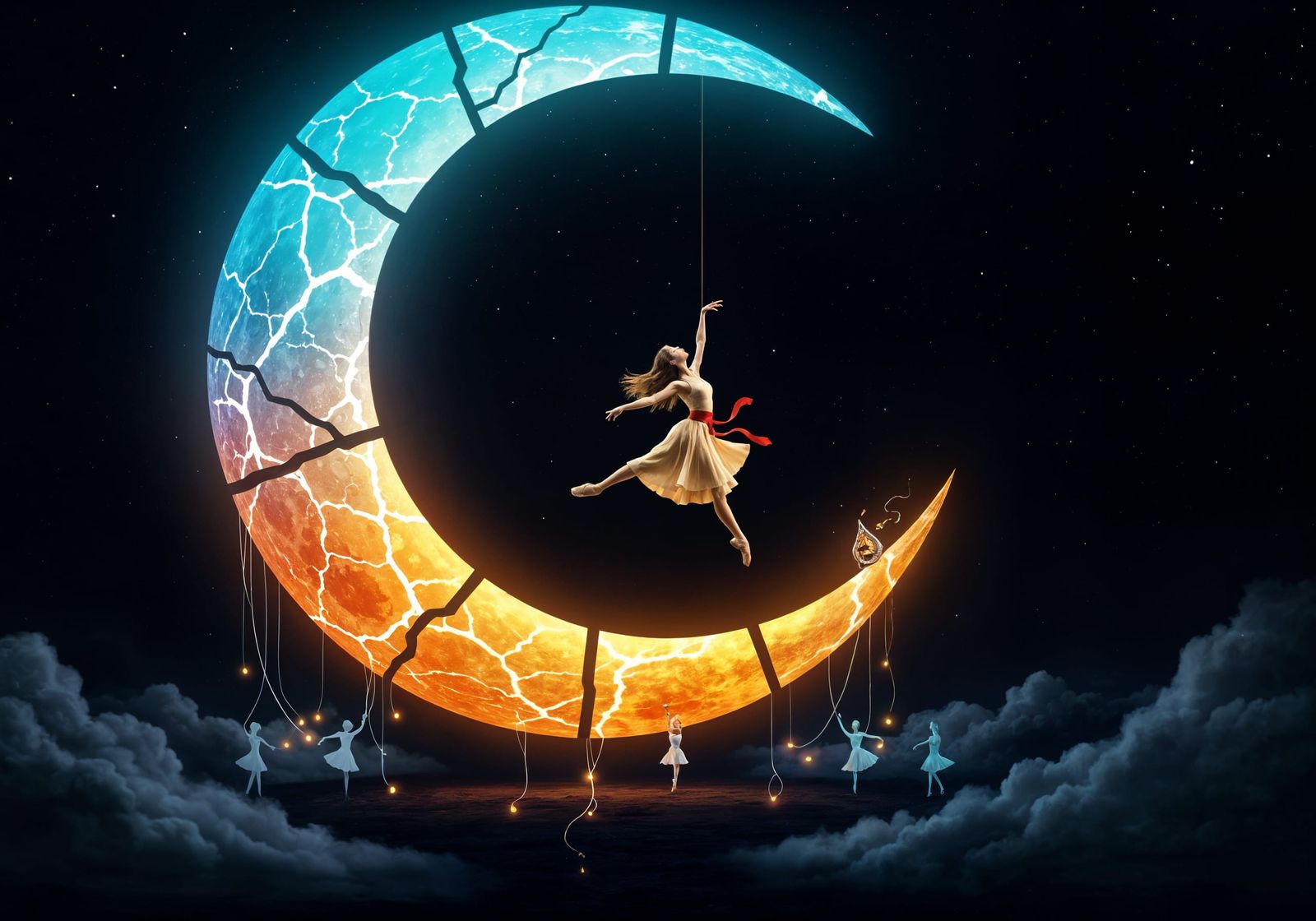 Fractured Moon Ballerina in Dreamlike Nocturnal Scene
