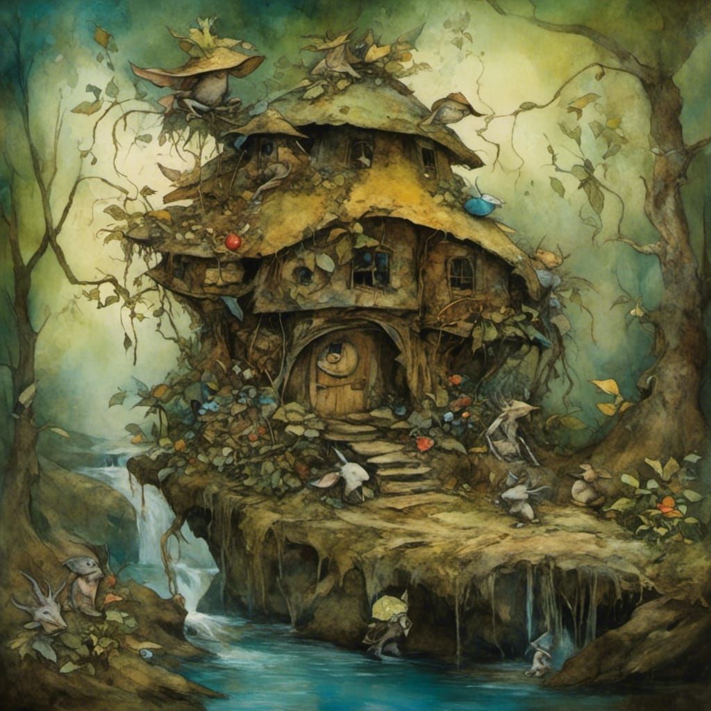 <lora:The Faerist:1.0> The Lost Tea House. Triadic Colors, layered