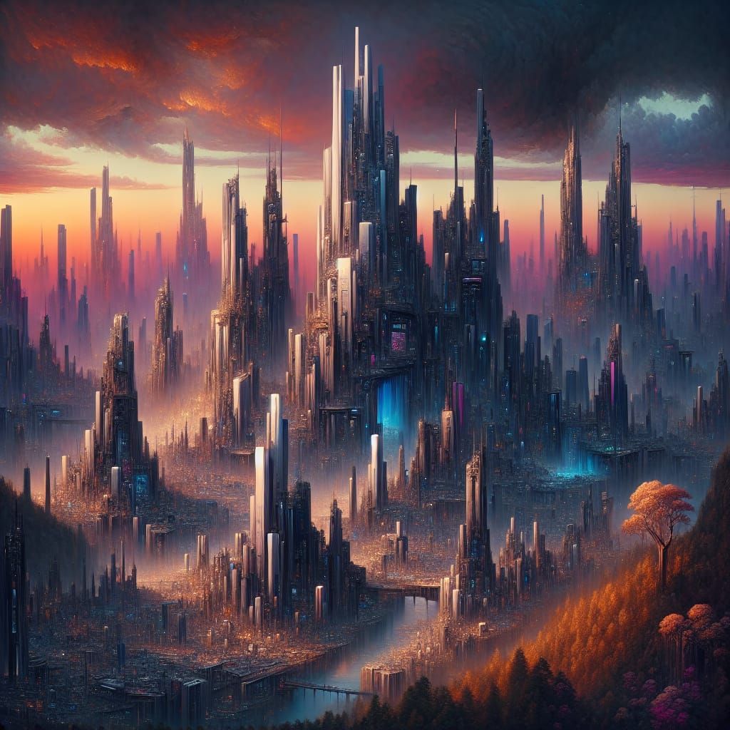 Dystopian Future City in Dark Metallic Hues