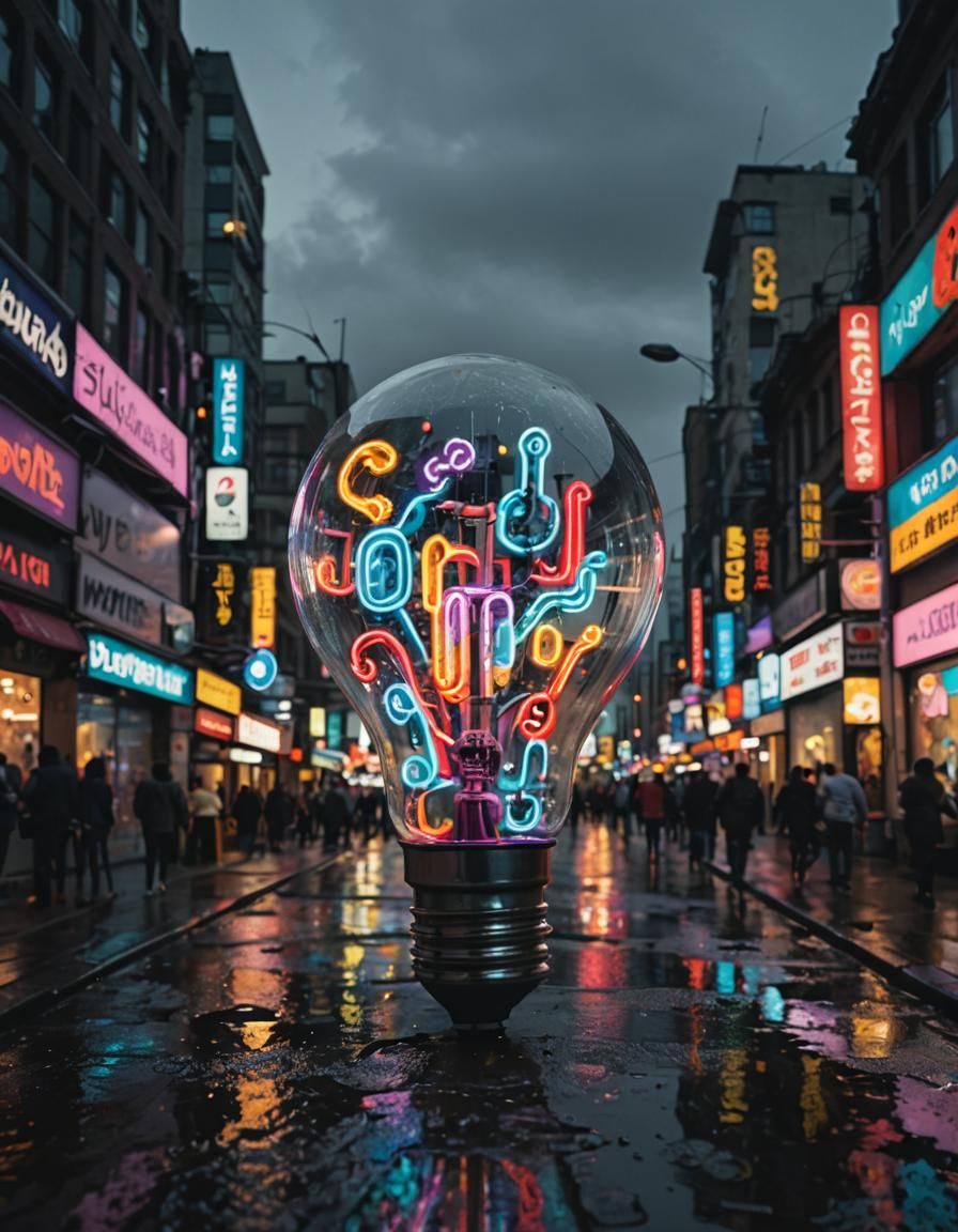 Cityscape Inside Lightbulb with Neon Reflections