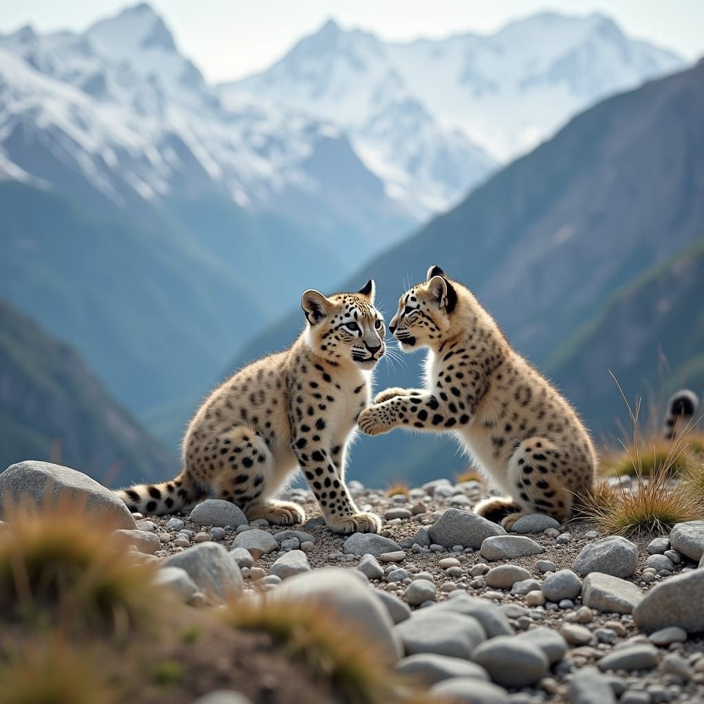 Snow Leopard Cubs Play in the Mountains