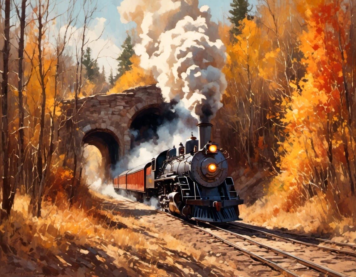 Steam Train Emerges in Sunny Watercolor Painting