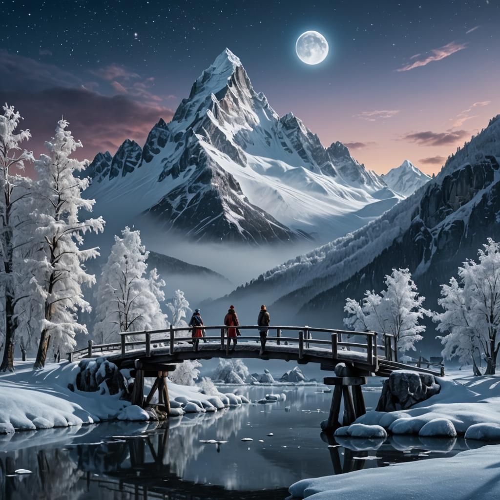 Icy Glass Figurines on Frozen Lake in Moonlight
