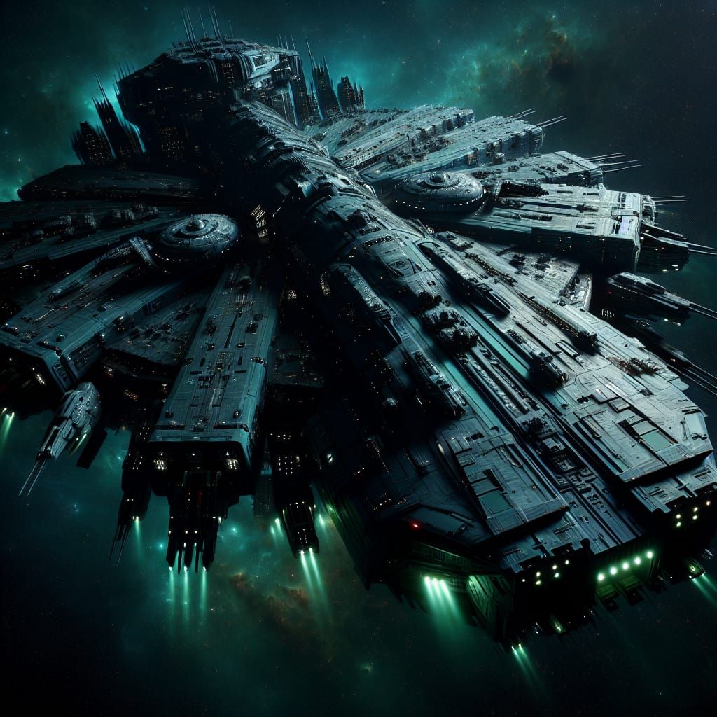 Menacing Dark Green Spaceship in Deep Space