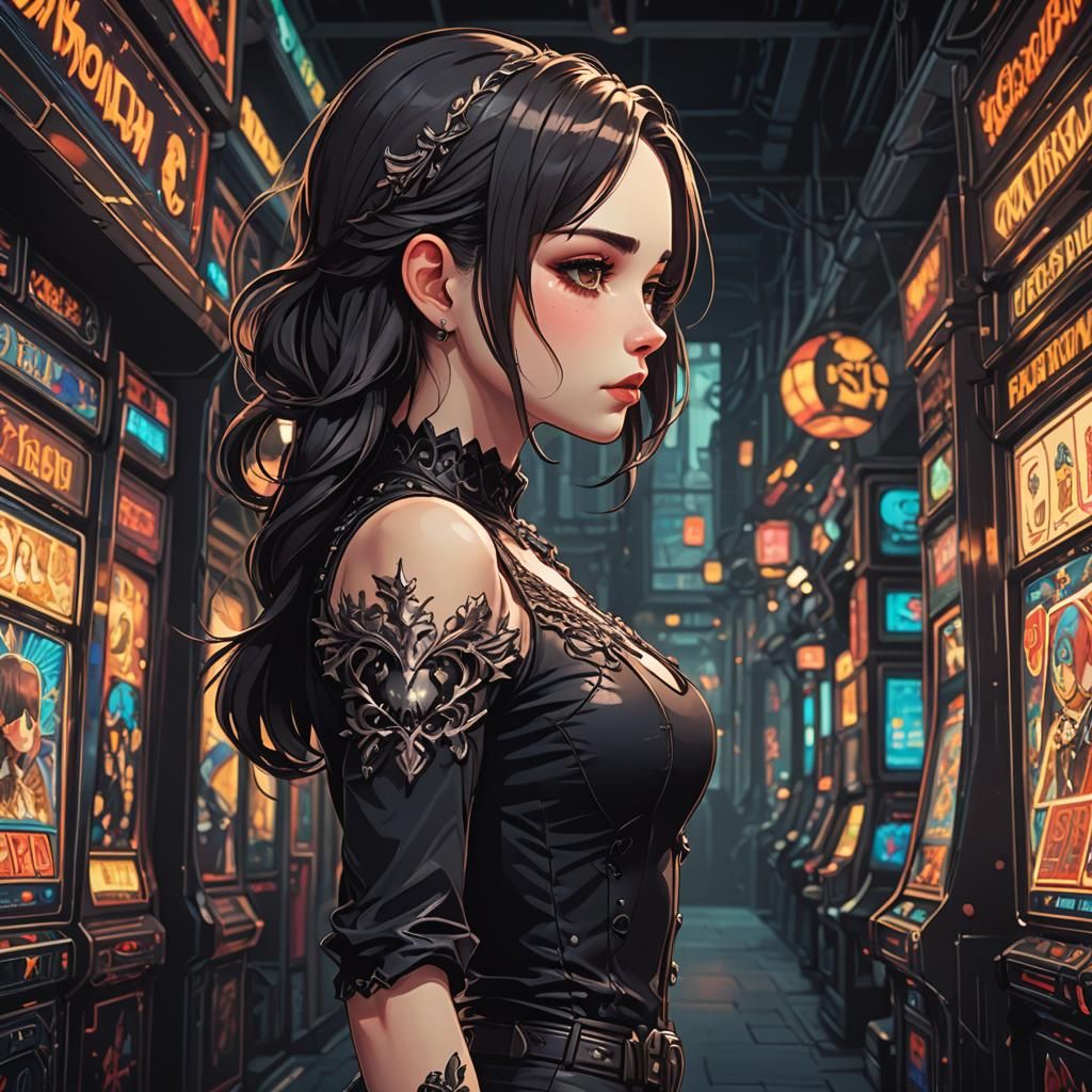 Retro Cartoon Girl Portrait in Gothic Arcade Style