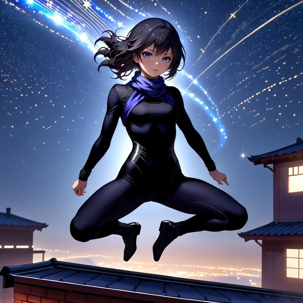 Sleek Ninja Leaps Across Rooftop Shadows