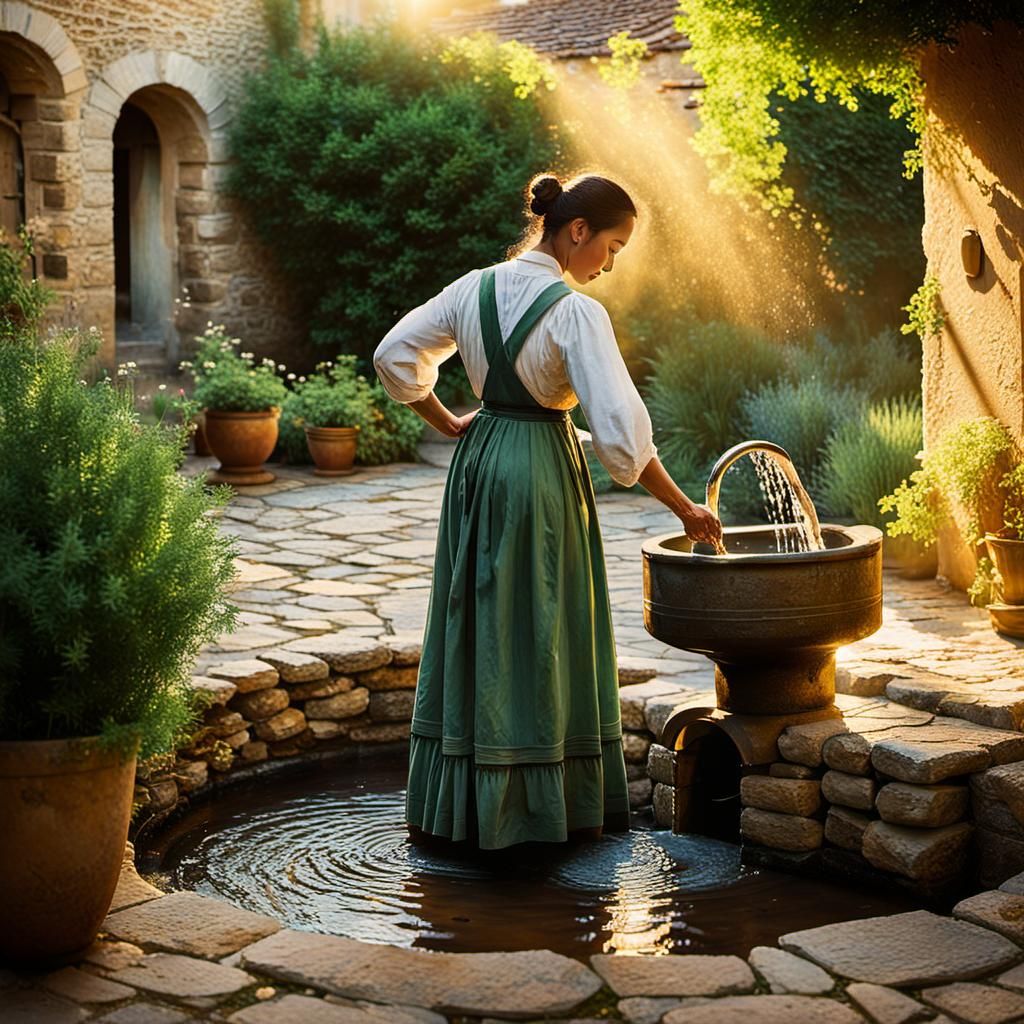 Woman at Well in Golden Hour, Impressionistic Style
