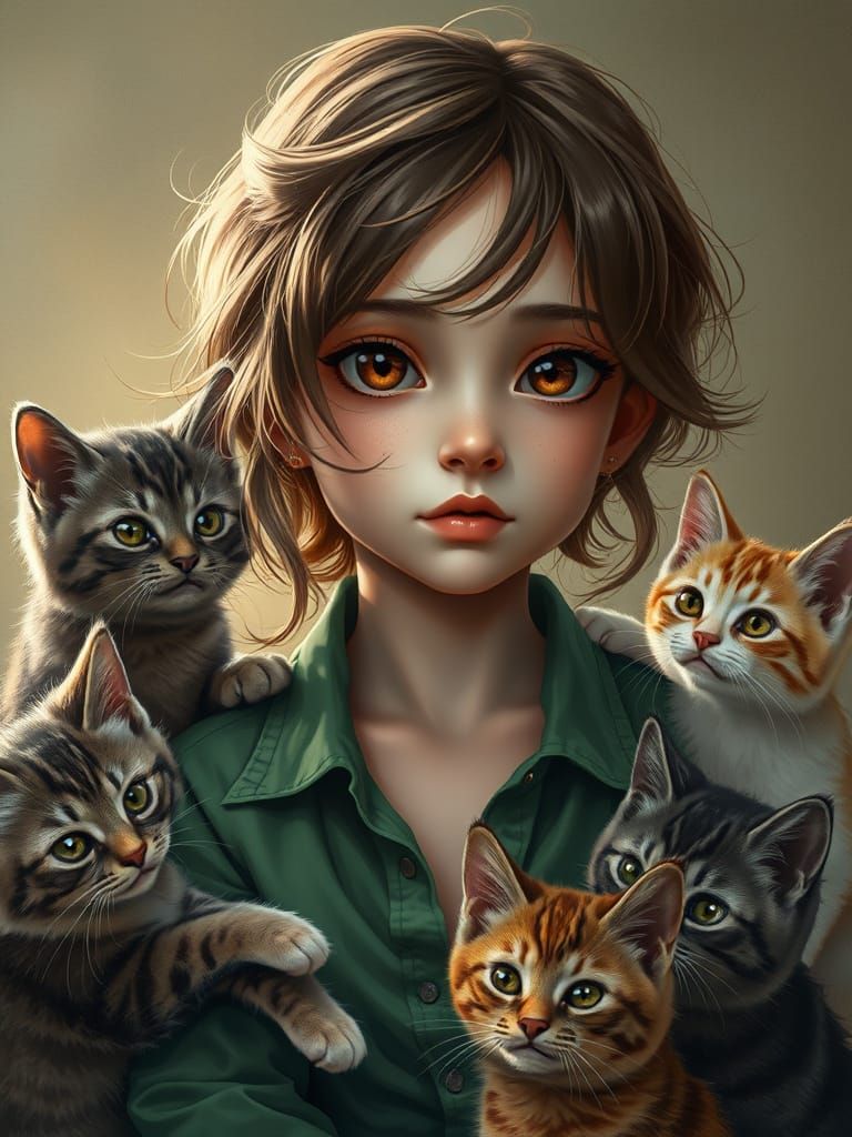 Pisces Girl Surrounded by Cats, Concept Art Portrait