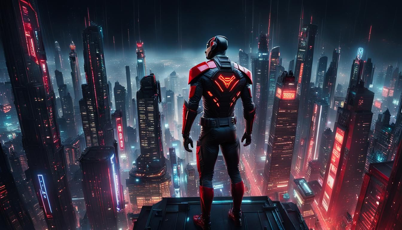 Cyberpunk Superhero Overlooking Neon Cityscape