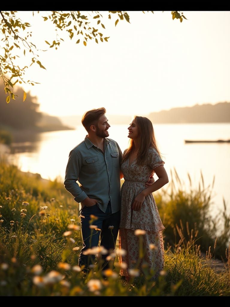 Charming Couple Conversing by River in Golden Light