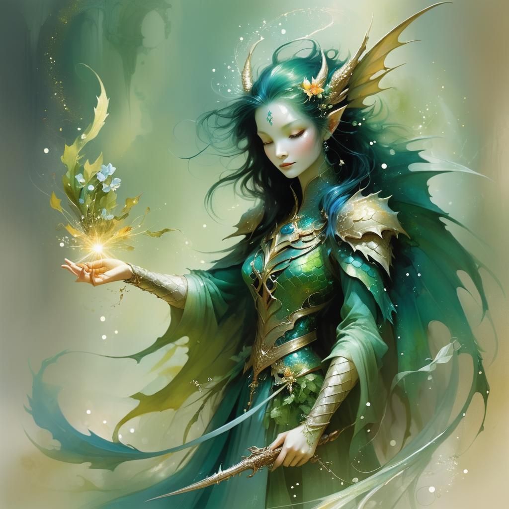 Whimsical Green Dragon in a Lush Paradise