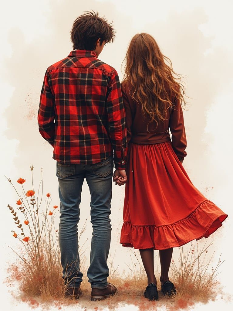 Grunge Watercolor Couple in Red Plaid