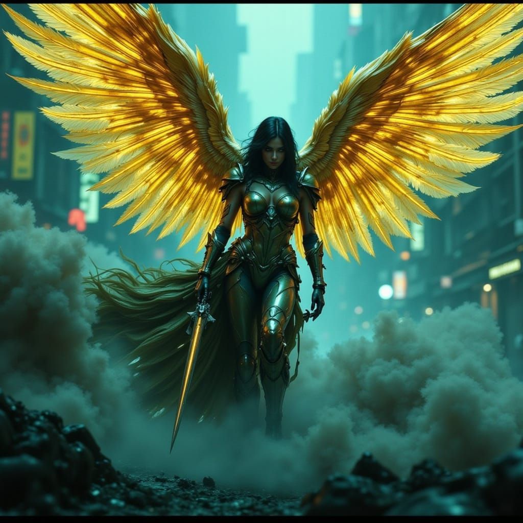 Cyber Angel Descends with Fiery Wings