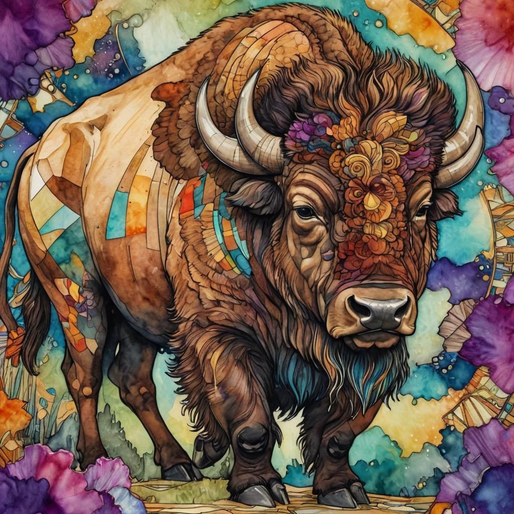 Art Deco Bison in Surreal Alcohol Ink Style