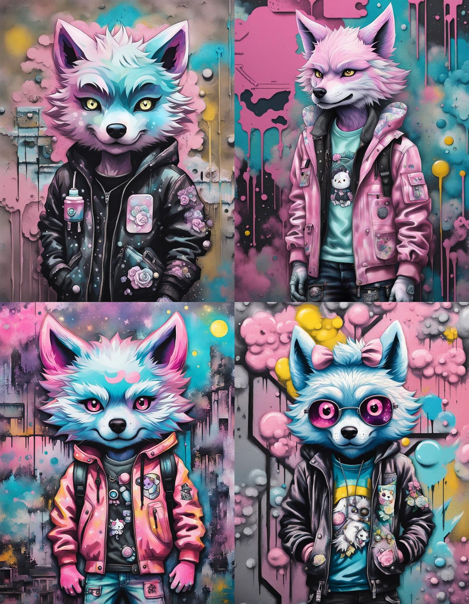 Pastel Goth Sanrio Wolf Mural in Urban Style