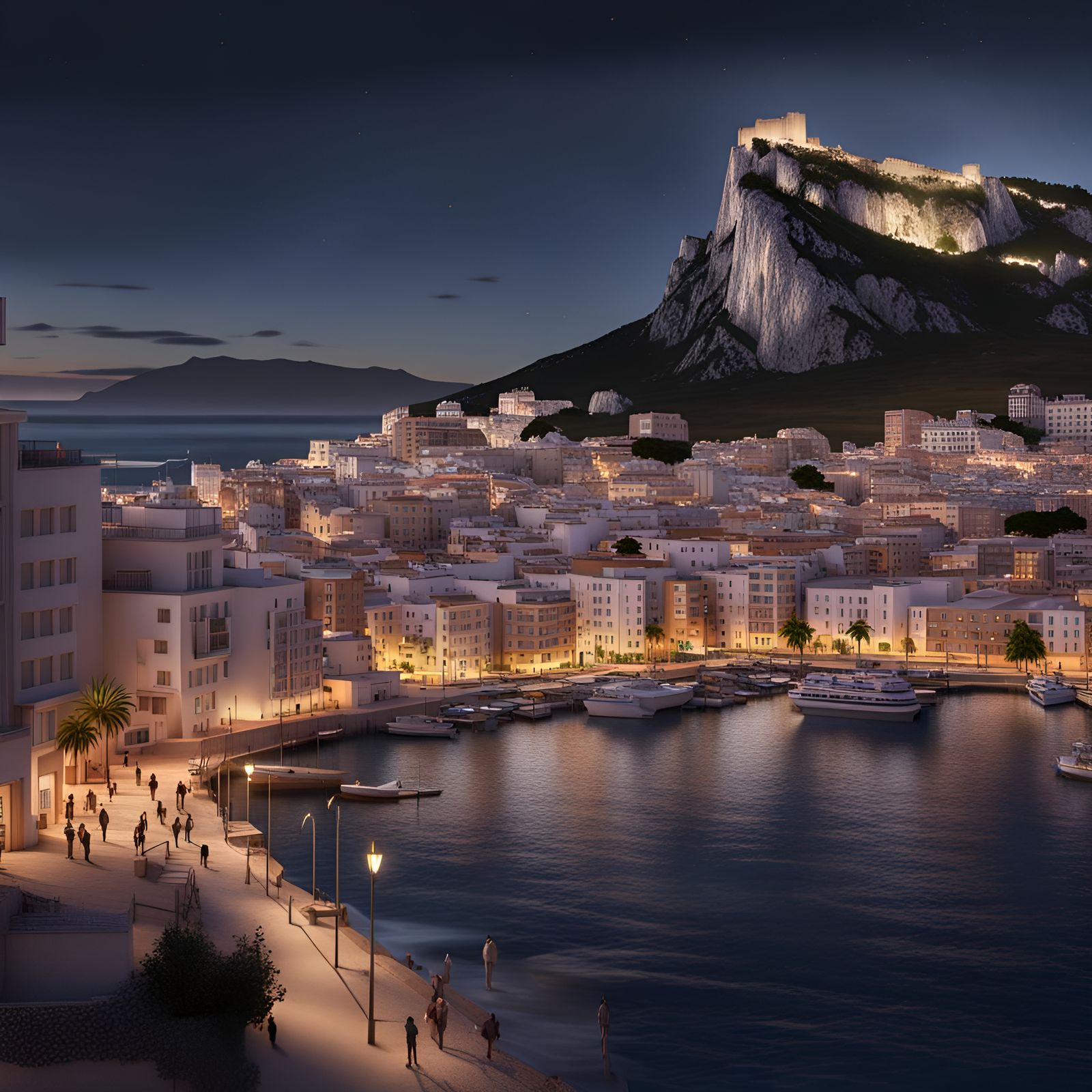 Gibraltar Night Scene with Rock in HDR