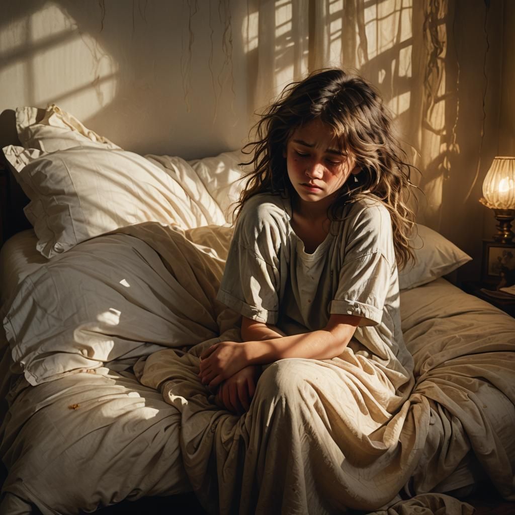 Young Girl Crying in Bedroom: Matte Painting