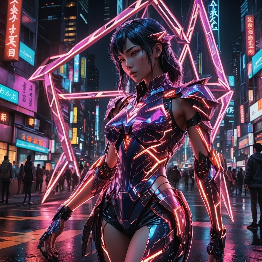 Mysterious Woman in Neon City with Glowing Trigon