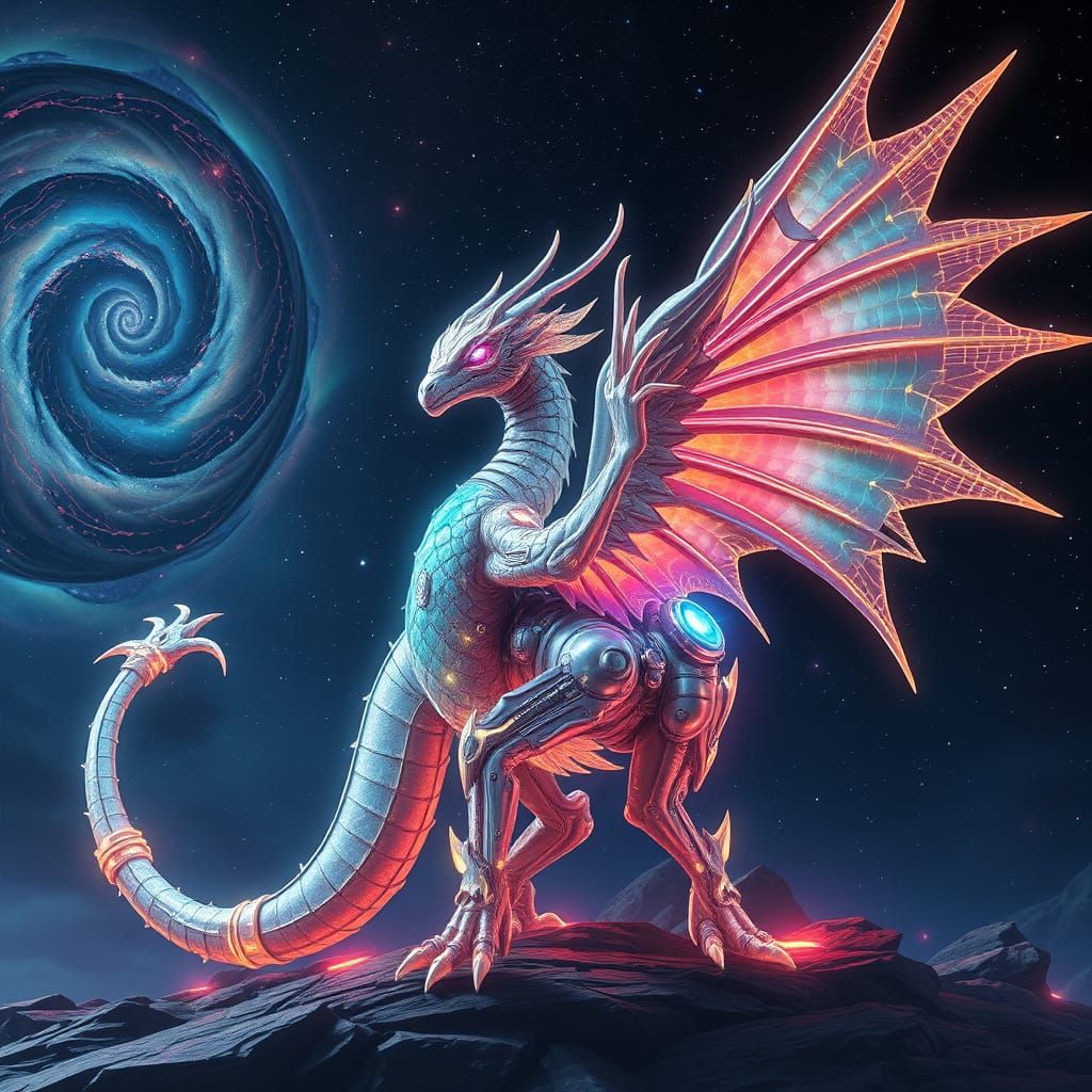 Majestic Retroweird Sci-Fi Griffin Dragon in Starry Night Sk...
