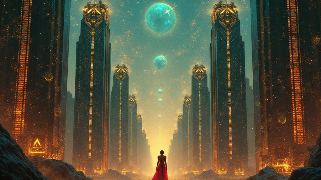 Gustav Klimt-Inspired Science Fiction Cityscape with Glowing...