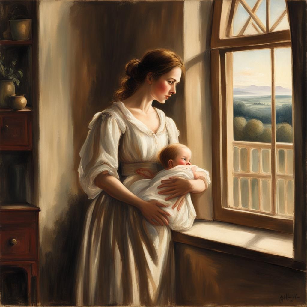 Young Woman with Baby: Potter-Style Painting