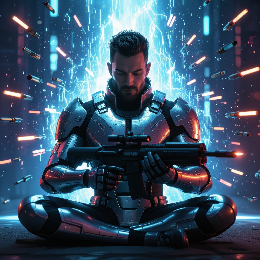 Meditating Futuristic Warrior in Shimmering Energy Field