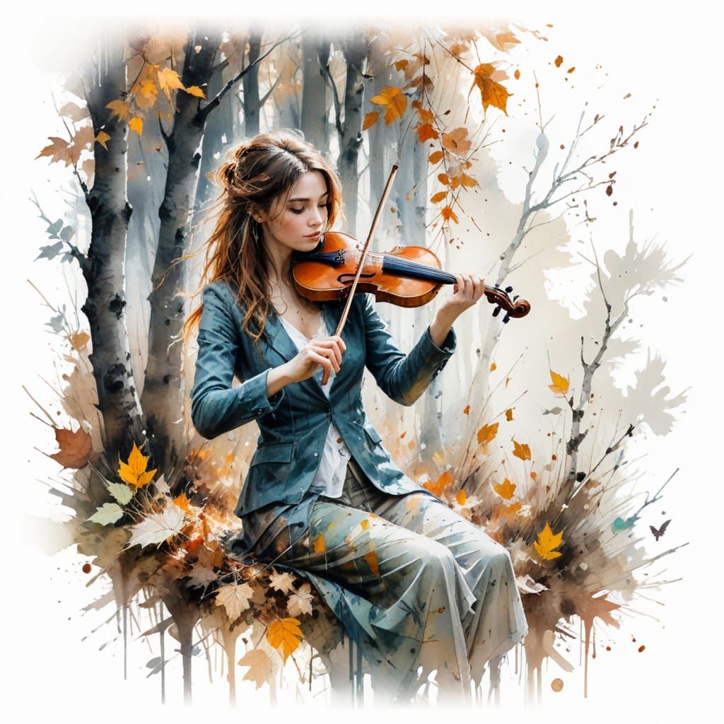 Surreal Autumn Violinist in Whimsical Woodland Scene
