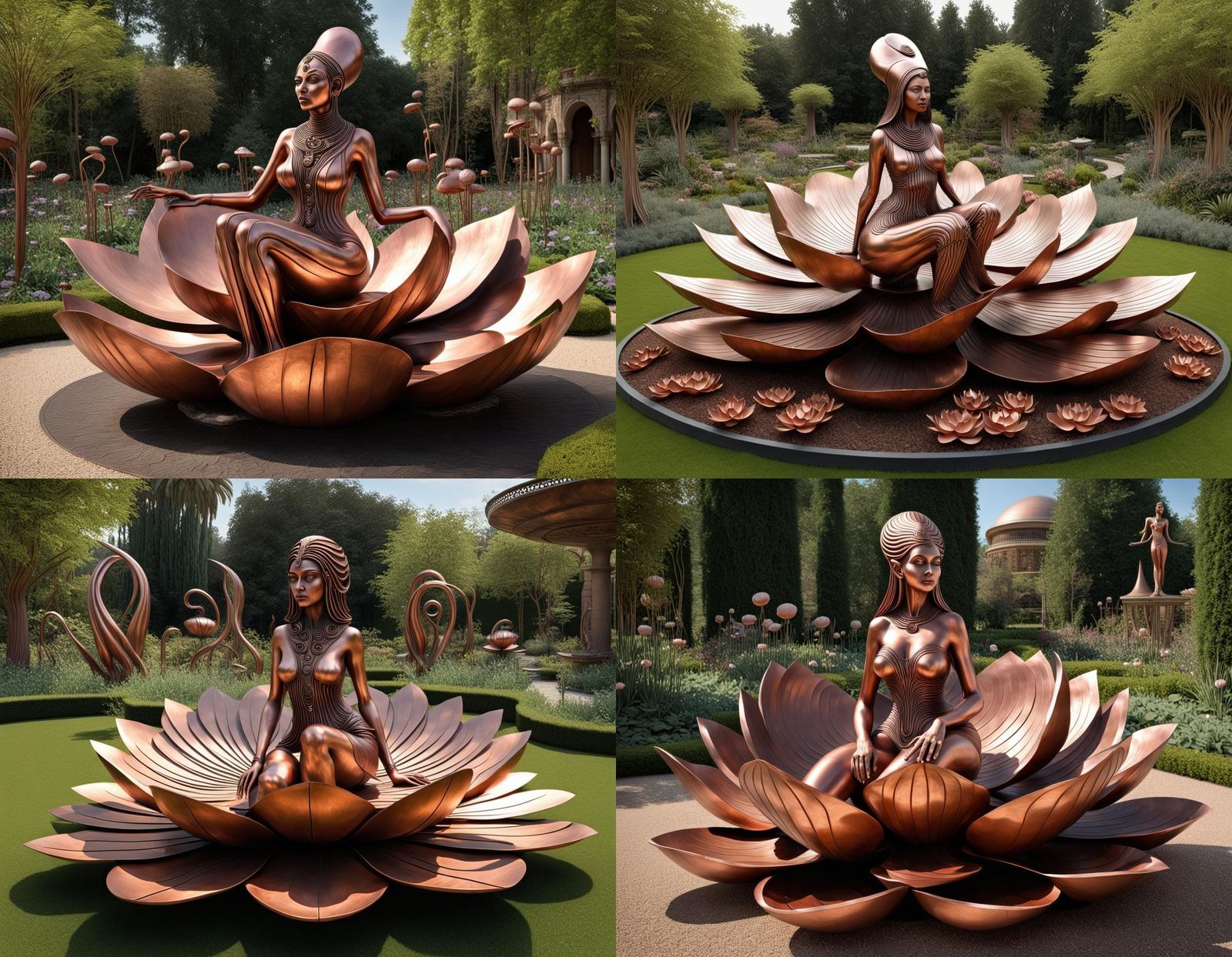 Copper Lotus Sculpture in Steampunk Style