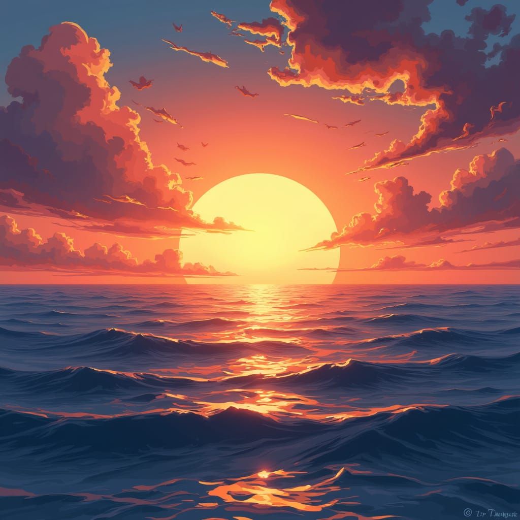 Surreal Anime Sunset Over the Ocean in Cel-Shaded Style