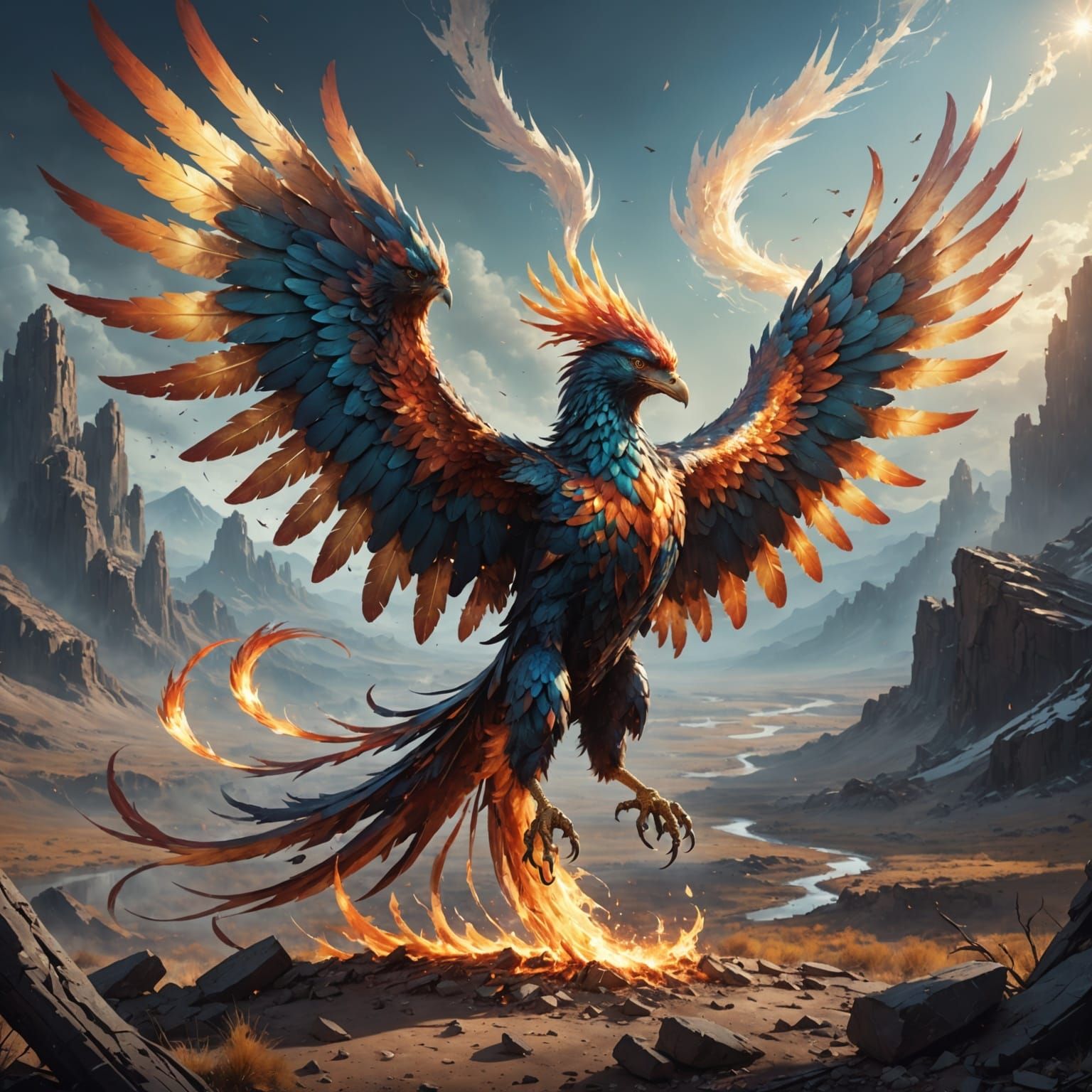 Opalescent Phoenix Rises in Desolate Landscape