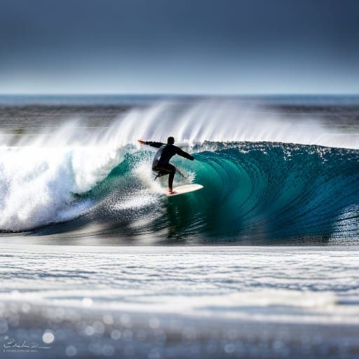 Surfer Rides a Big Wave: Hyperrealistic Beach Scene