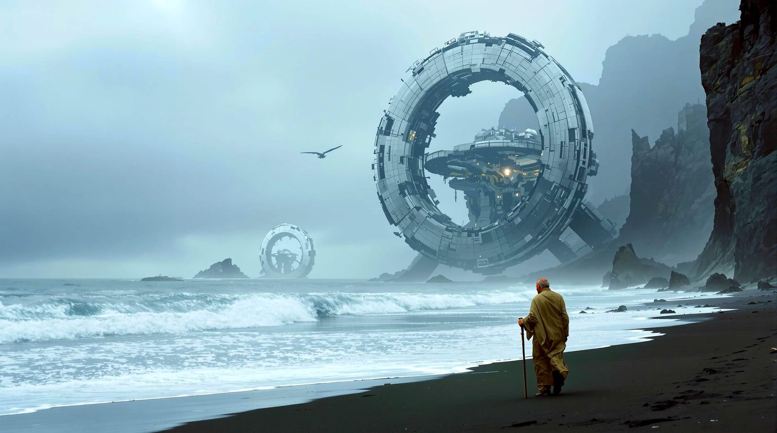 Man on Beach Sees Crashed Futuristic Space Station